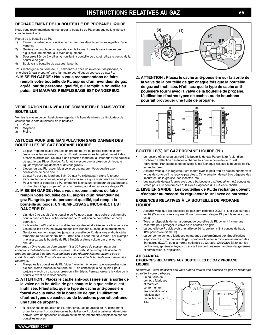 Weber E/S 650 Rechargement DE LA Bouteille DE Propane Liquide, Verification DU Niveau DE Combustible Dans Votre Bouteille 