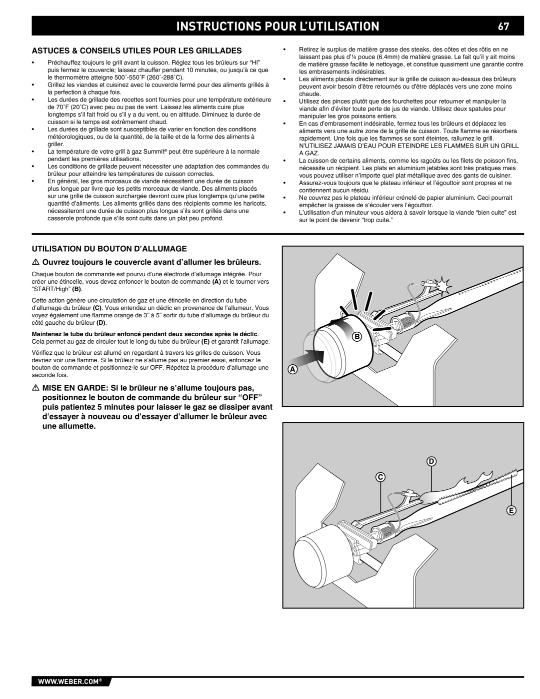 Weber E/S 650 manual Astuces & Conseils Utiles Pour LES Grillades, Utilisation DU Bouton D’ALLUMAGE 