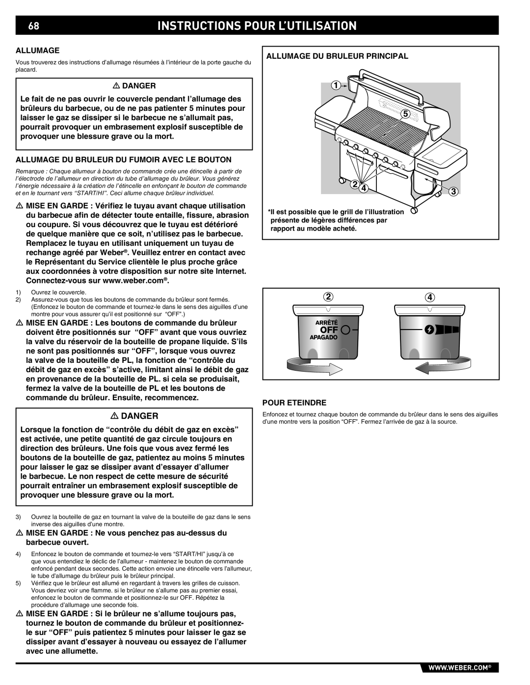 Weber E/S 650 manual Allumage DU Bruleur DU Fumoir Avec LE Bouton, Allumage DU Bruleur Principal, Pour Eteindre 