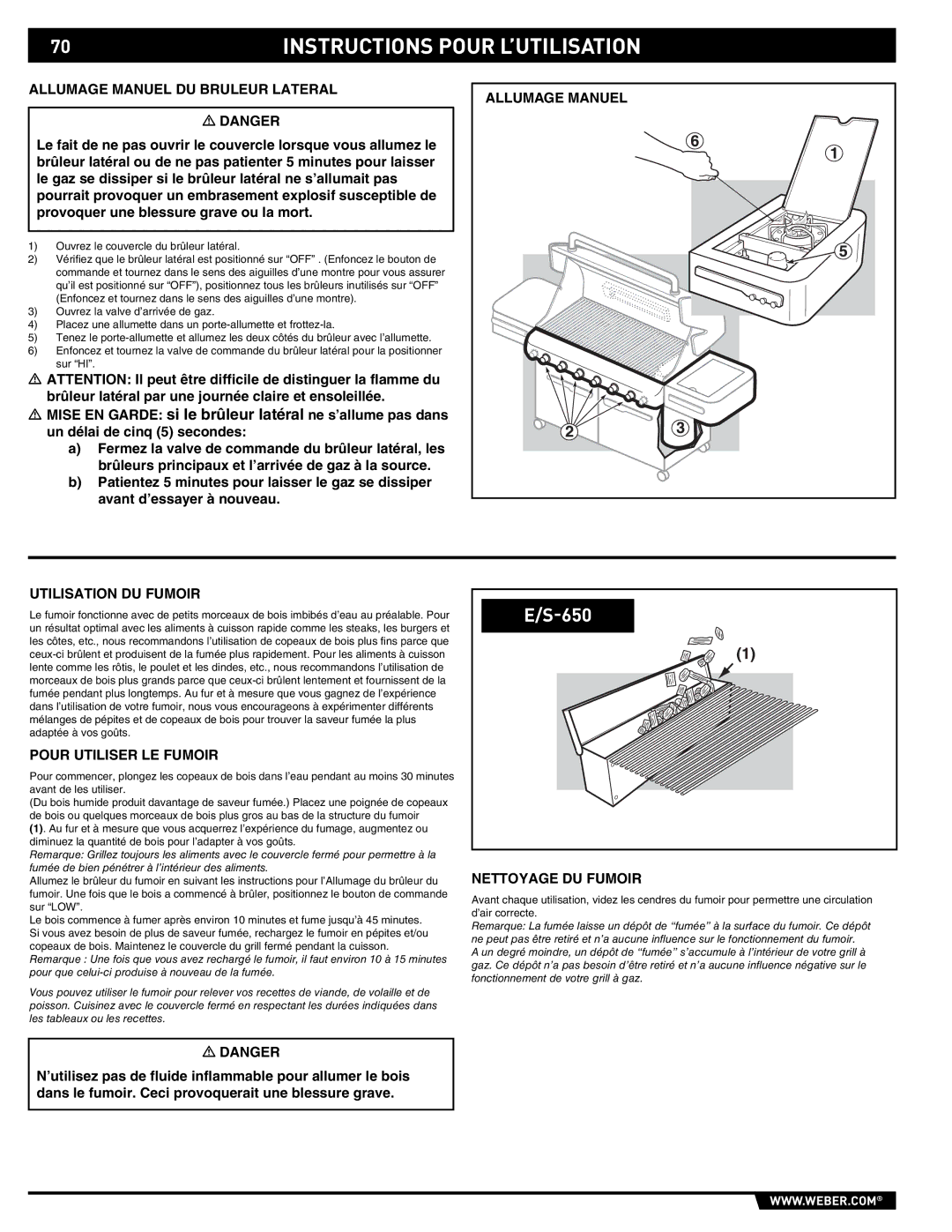 Weber E/S 650 Allumage Manuel DU Bruleur Lateral, Utilisation DU Fumoir, Pour Utiliser LE Fumoir, Nettoyage DU Fumoir 