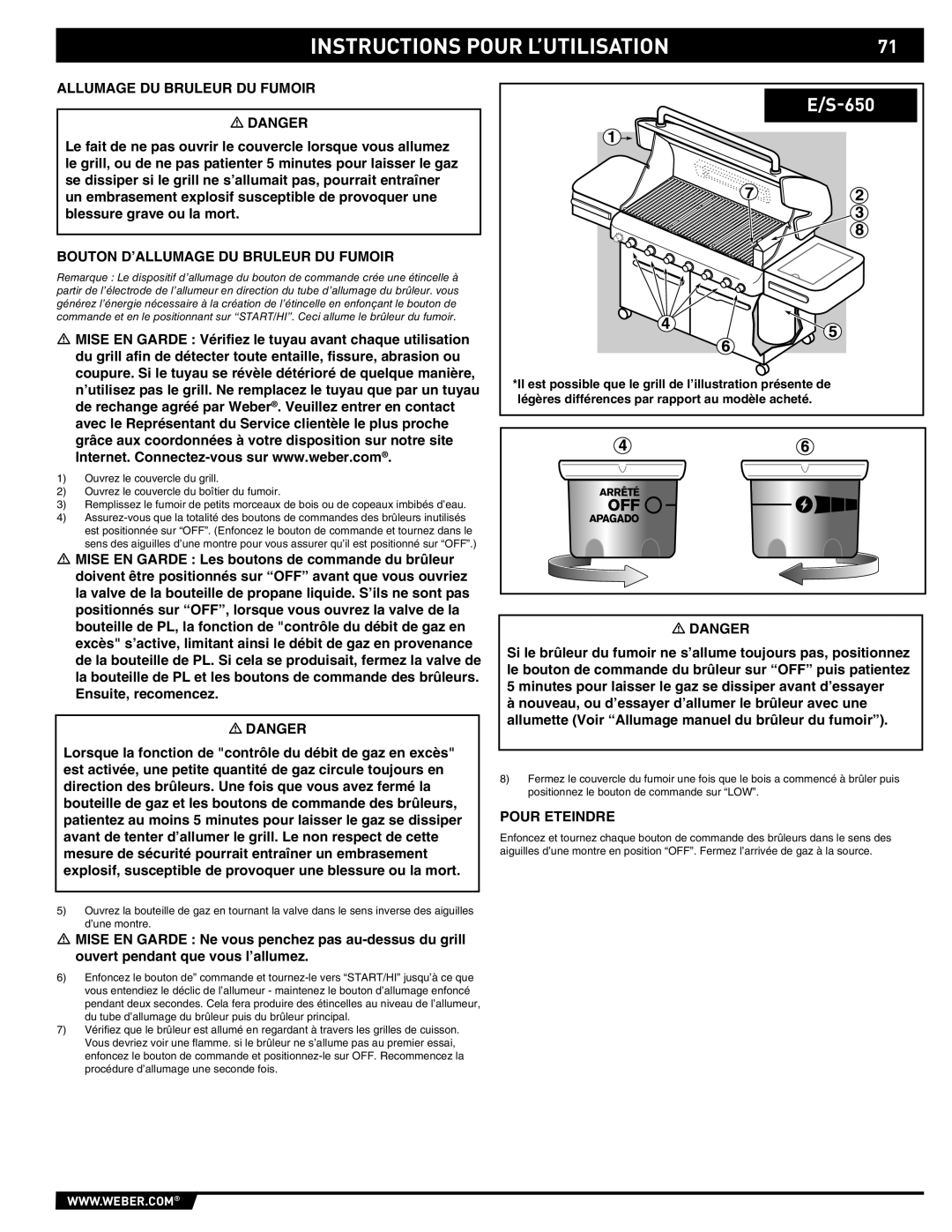 Weber E/S 650 manual Allumage DU Bruleur DU Fumoir, Bouton D’ALLUMAGE DU Bruleur DU Fumoir 