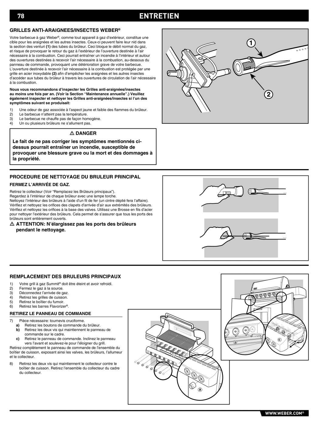 Weber E/S 650 manual 78ENTRETIEN, Grilles ANTI-ARAIGNEES/INSECTES Weber, Procedure DE Nettoyage DU Bruleur Principal 