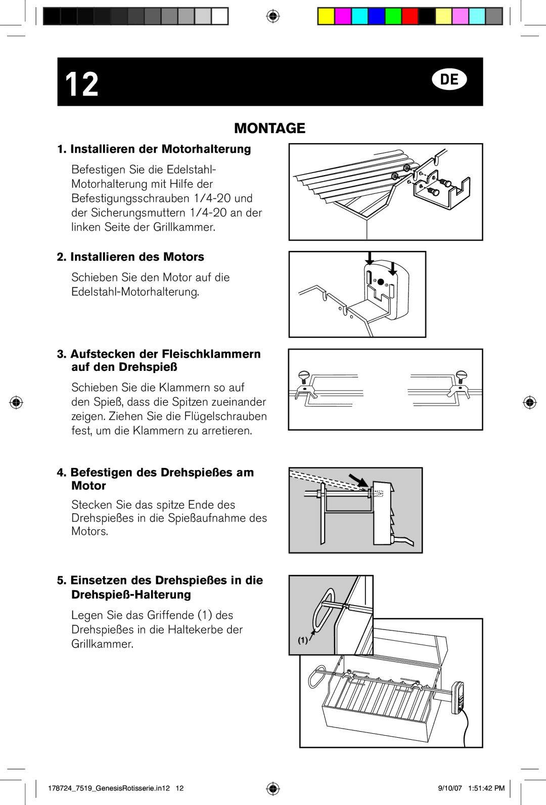 Weber E/S Series manual Installieren der Motorhalterung, Installieren des Motors, Befestigen des Drehspießes am Motor 