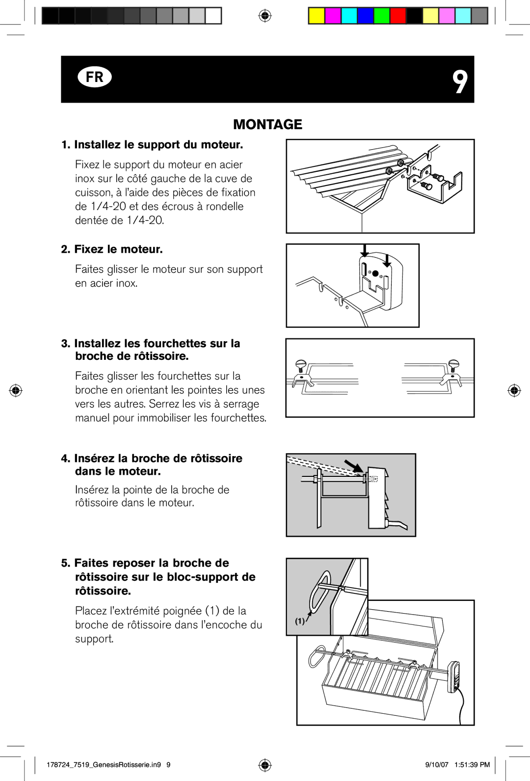 Weber E/S Series Montage, Installez le support du moteur, Fixez le moteur, Insérez la broche de rôtissoire dans le moteur 