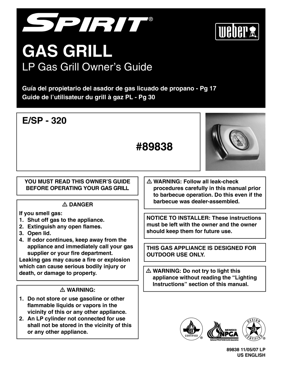 Weber E/SP-320 manual GAS Grill 