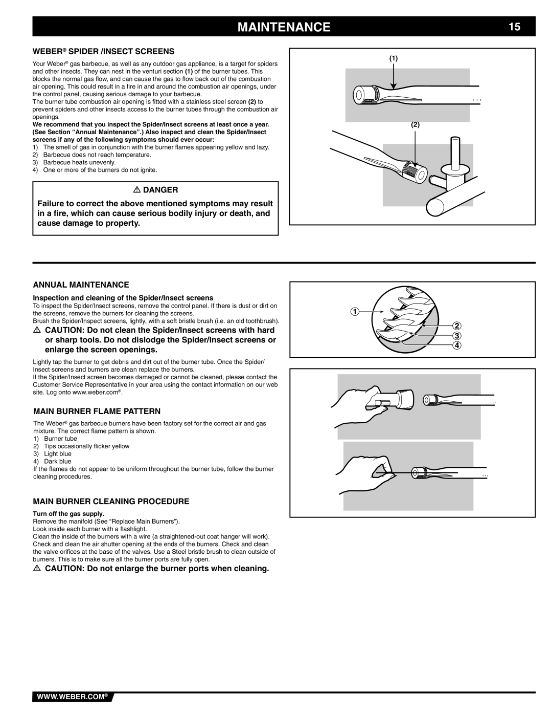 Weber E/SP-320 manual Weber Spider /INSECT Screens, Annual Maintenance, Main Burner Flame Pattern 