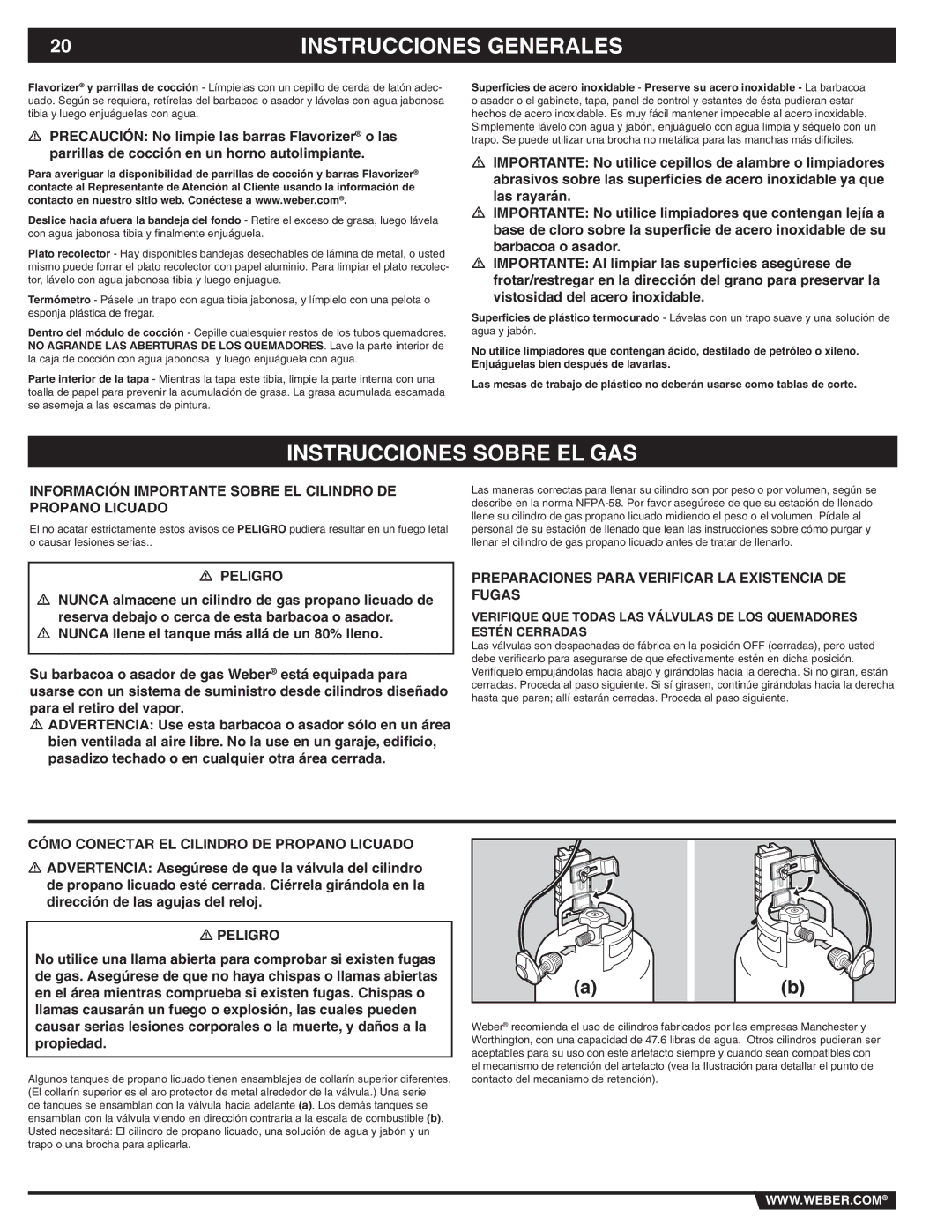 Weber E/SP-320 manual Instrucciones Sobre EL GAS, Información Importante Sobre EL Cilindro DE Propano Licuado 