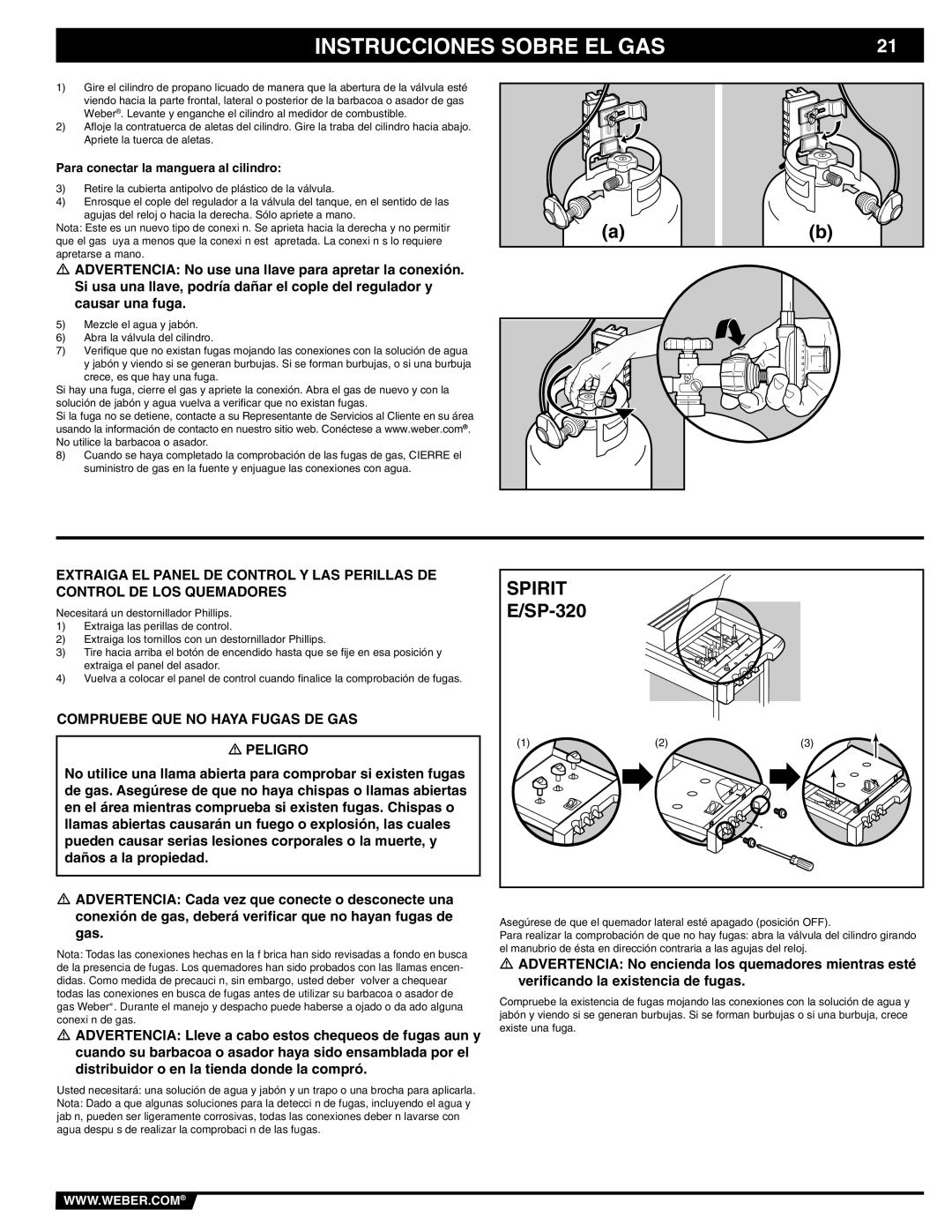 Weber E/SP-320 manual Compruebe QUE no Haya Fugas DE GAS Peligro, Para conectar la manguera al cilindro 