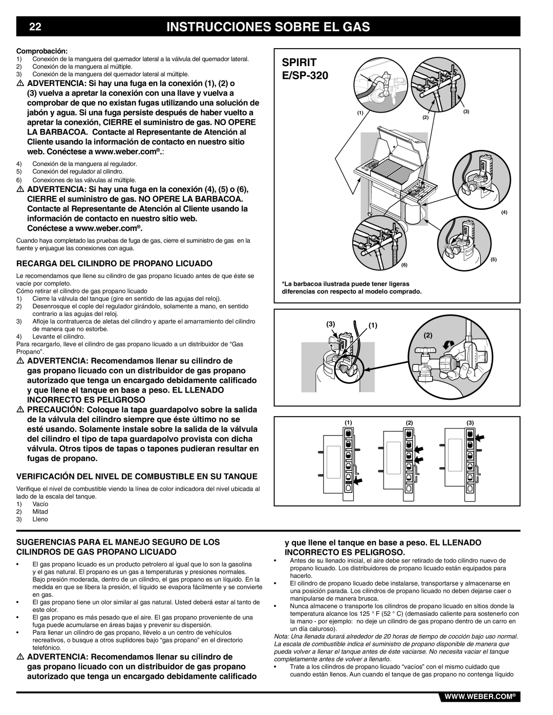 Weber E/SP-320 Recarga DEL Cilindro DE Propano Licuado, Verificación DEL Nivel DE Combustible EN SU Tanque, Comprobación 