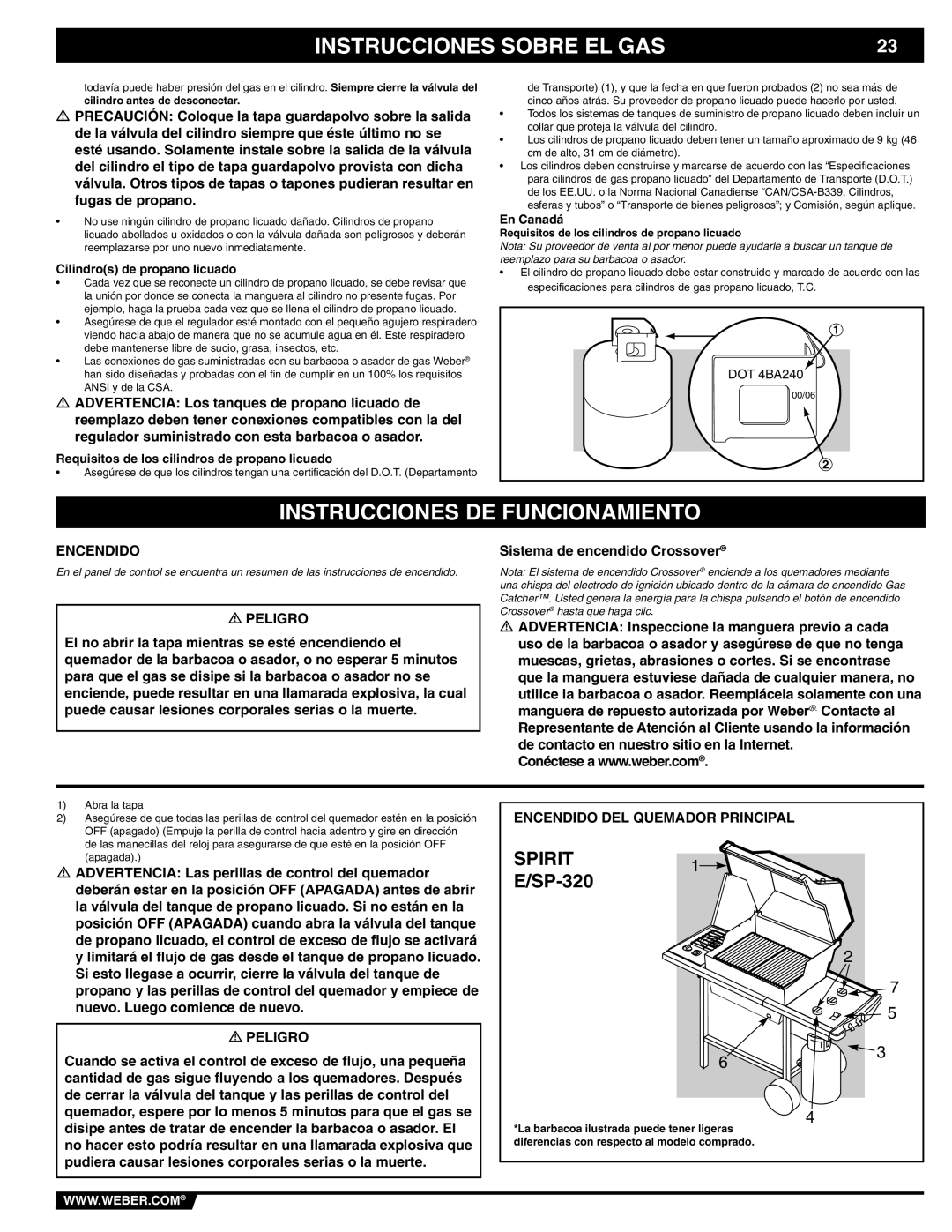 Weber E/SP-320 manual Instrucciones DE Funcionamiento, Encendido DEL Quemador Principal 