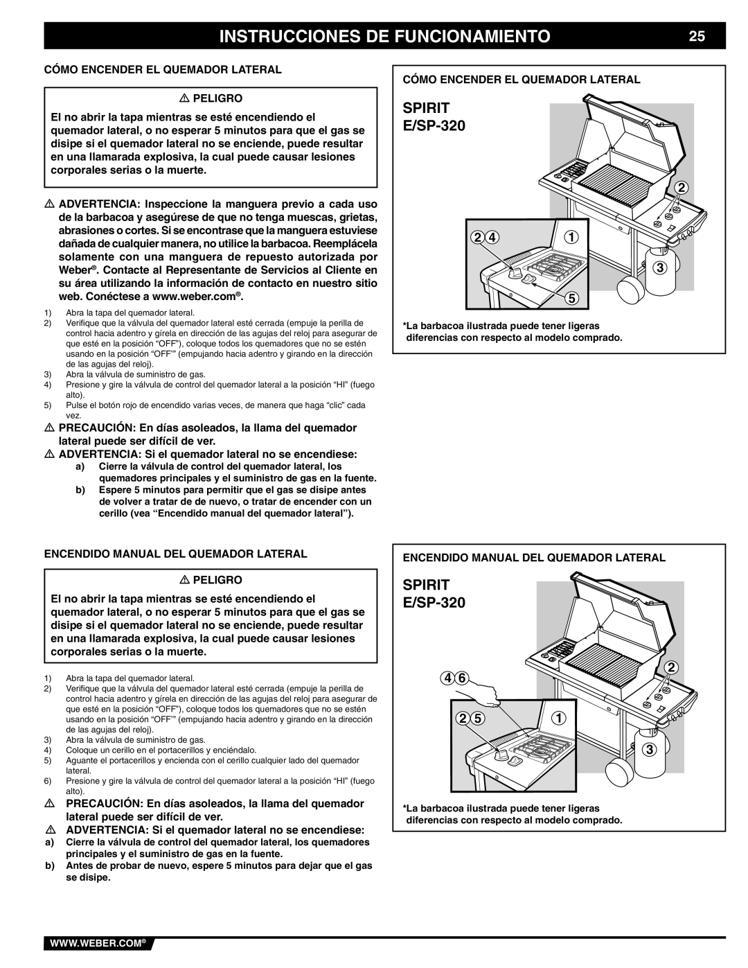 Weber E/SP-320 manual Cómo Encender EL Quemador Lateral Peligro, Encendido Manual DEL Quemador Lateral Peligro 