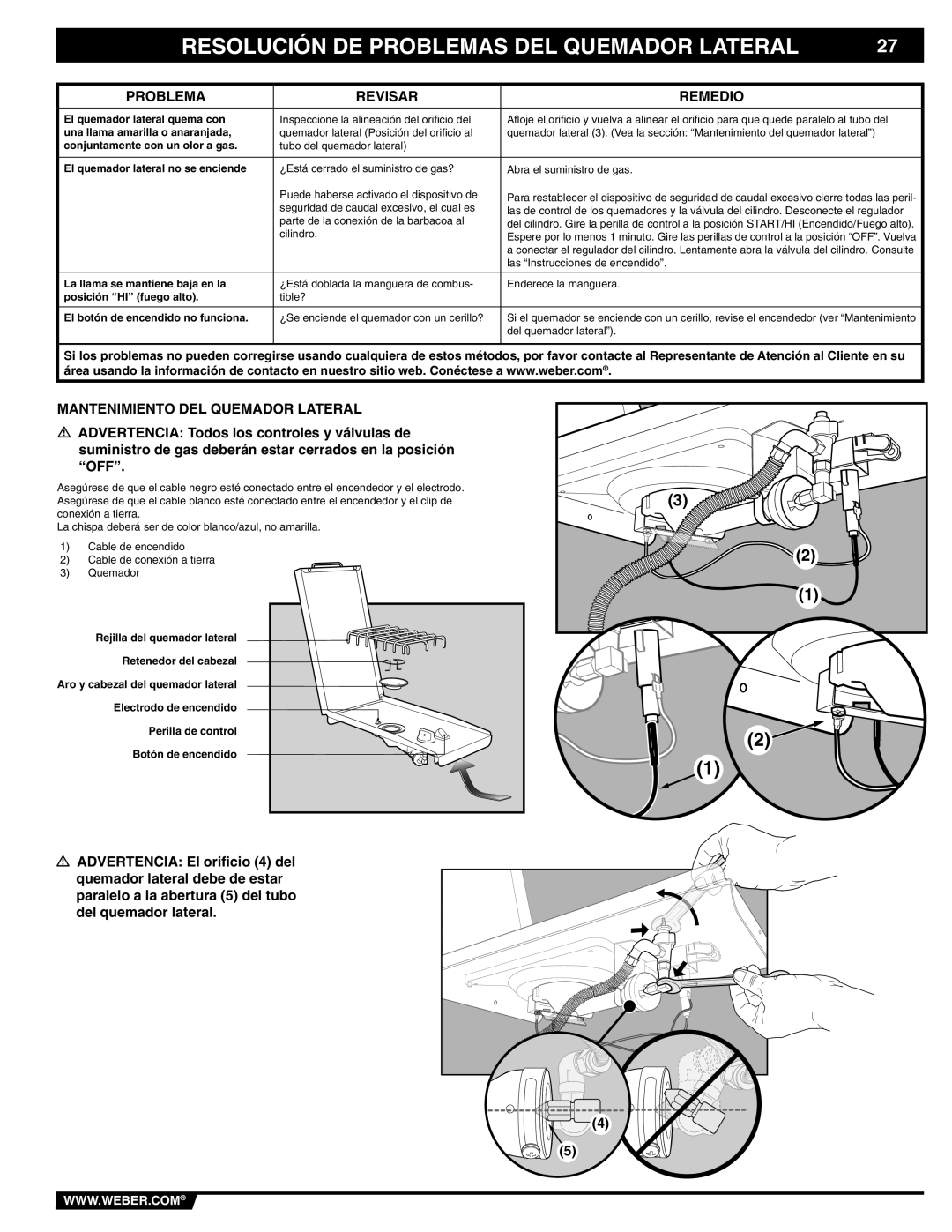 Weber E/SP-320 manual Resolución DE Problemas DEL Quemador Lateral, Mantenimiento DEL Quemador Lateral 