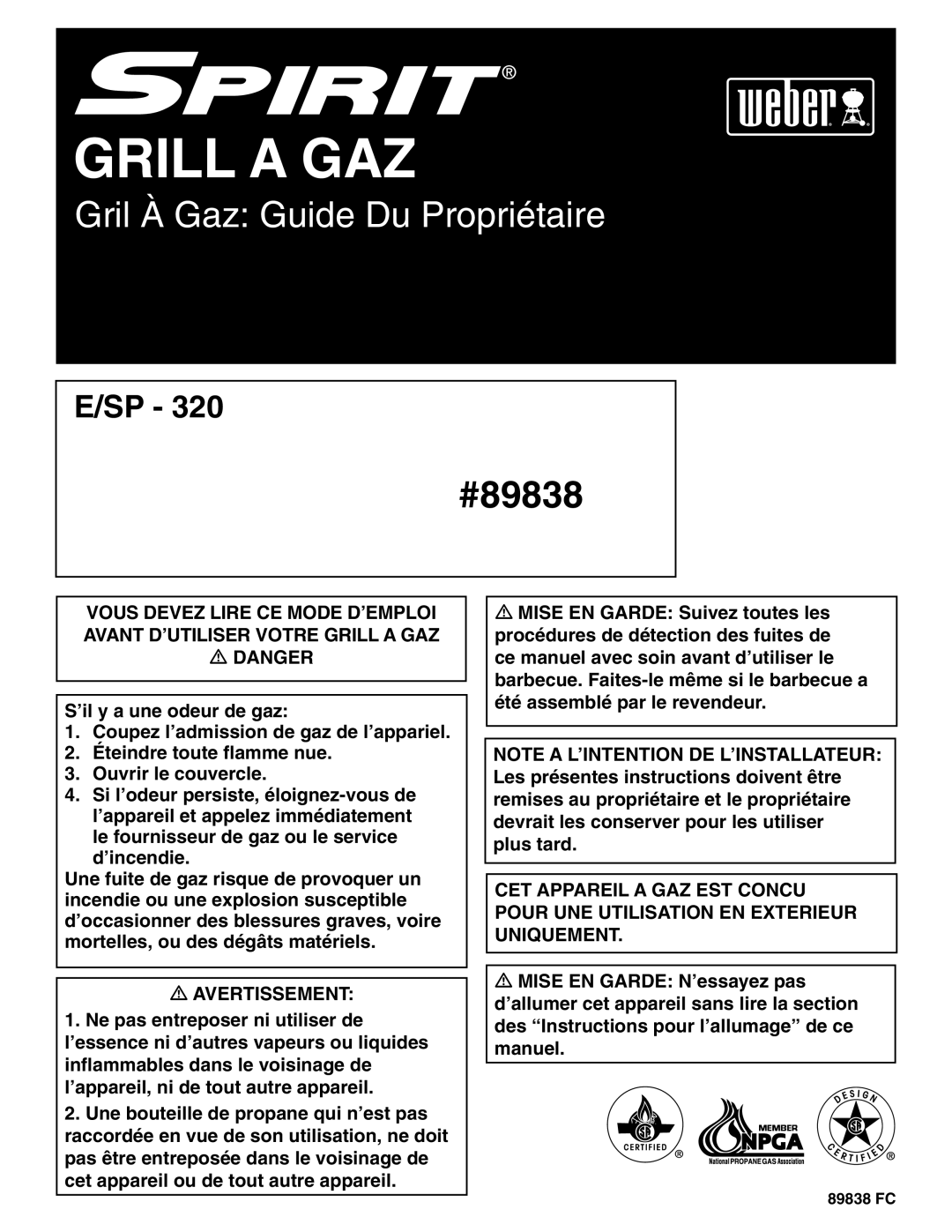 Weber E/SP-320 manual Grill a GAZ 