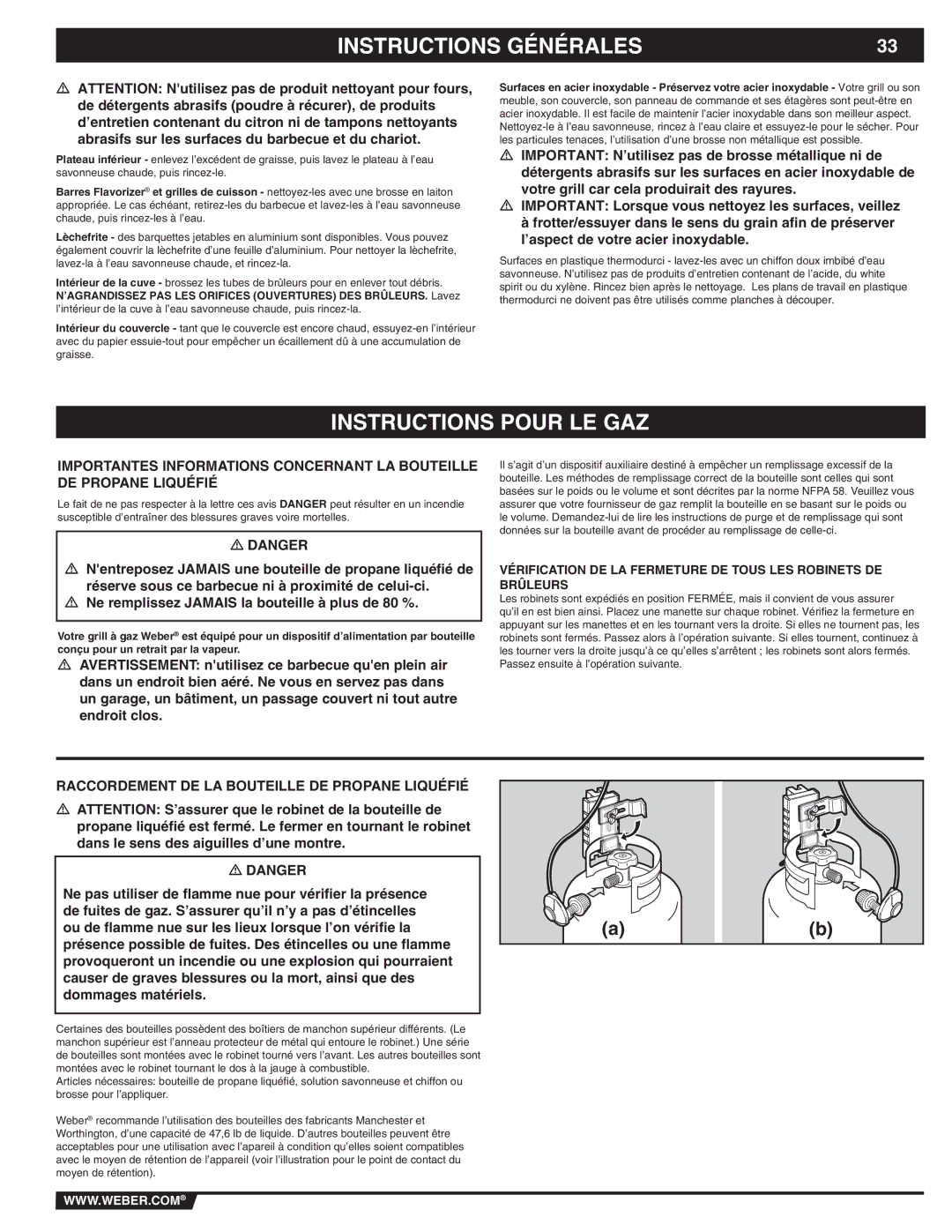 Weber E/SP-320 manual Instructions Pour LE GAZ, Raccordement DE LA Bouteille DE Propane Liquéfié 