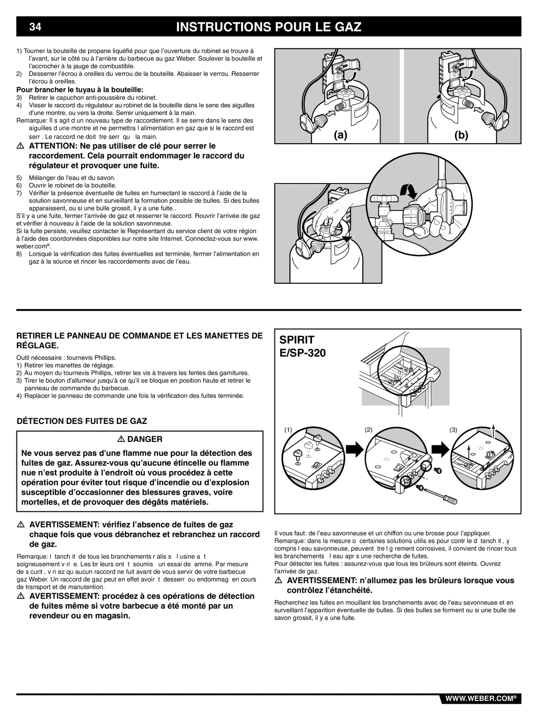 Weber E/SP-320 manual Retirer LE Panneau DE Commande ET LES Manettes DE Réglage, Détection DES Fuites DE GAZ 