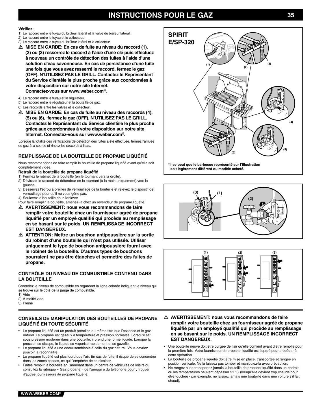 Weber E/SP-320 manual Remplissage DE LA Bouteille DE Propane Liquéfié, Vériﬁez, Retrait de la bouteille de propane liquéﬁé 