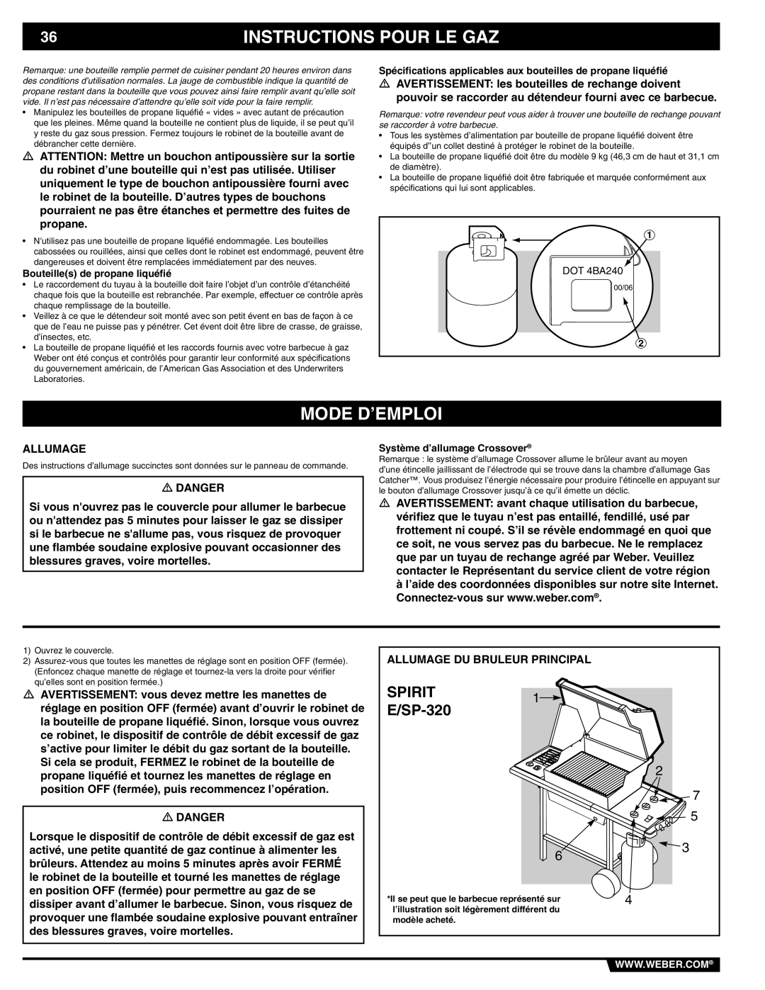 Weber E/SP-320 manual Mode D’EMPLOI, Allumage DU Bruleur Principal 