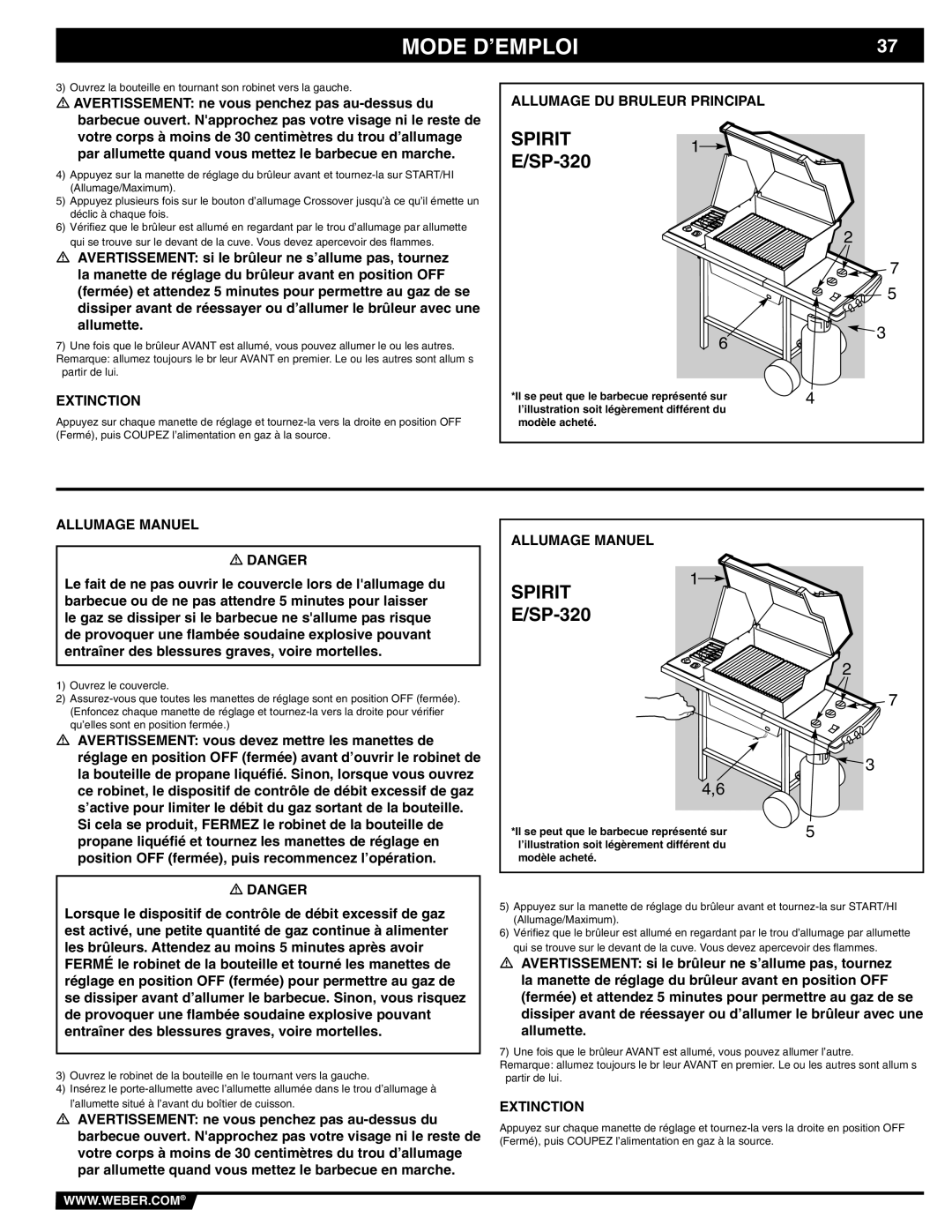 Weber E/SP-320 manual Extinction, Allumage Manuel, Modèle acheté 