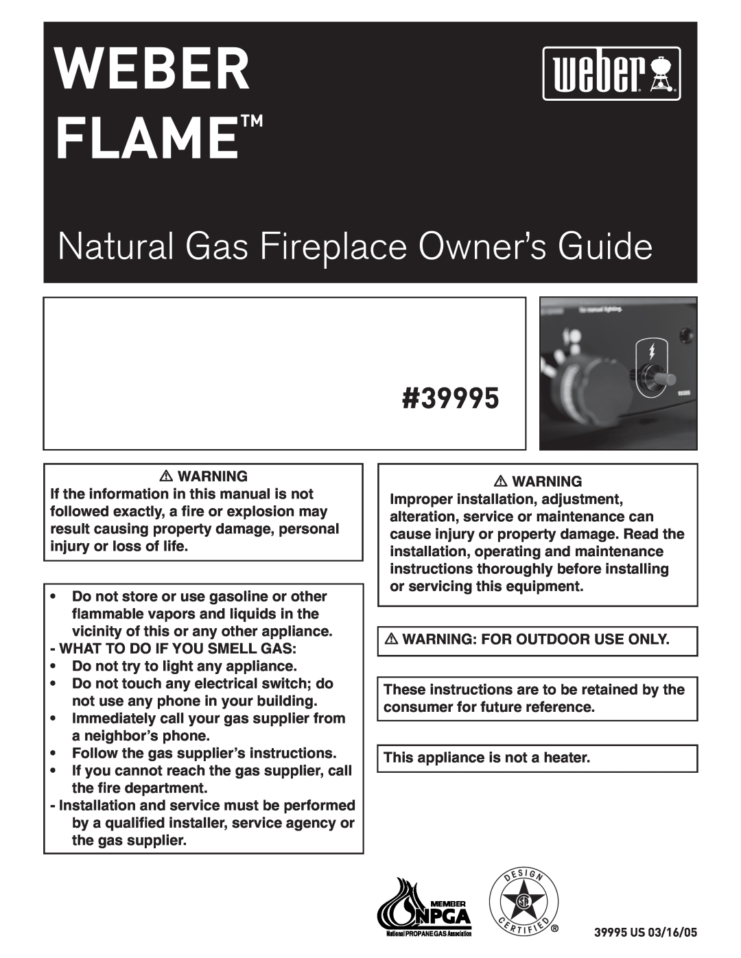 Weber FLAME manual Weber Flametm, Natural Gas Fireplace Owner’s Guide, #39995 