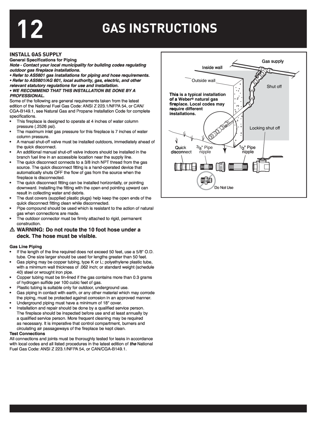 Weber FLAME manual Gas Instructions, Install Gas Supply 