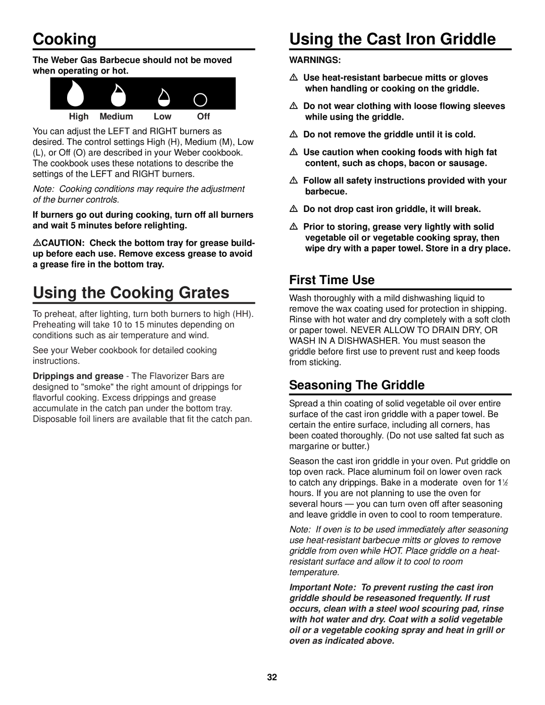 Weber FT 600 owner manual Using the Cooking Grates, Using the Cast Iron Griddle 