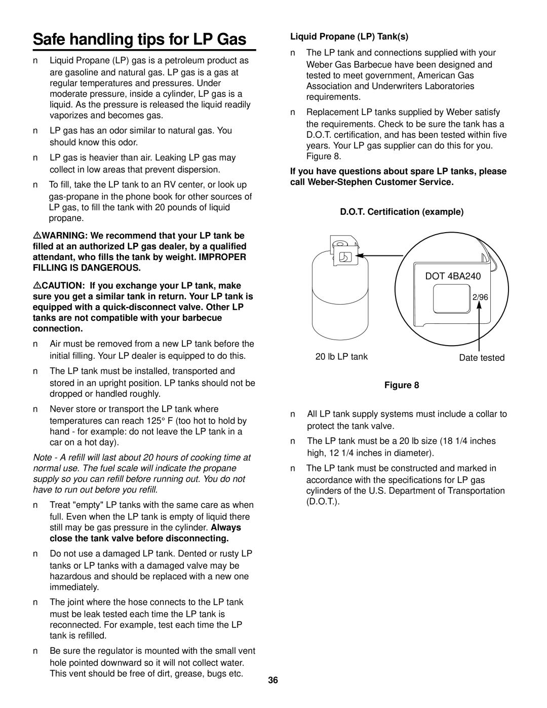 Weber FT 600 owner manual Safe handling tips for LP Gas, Liquid Propane LP Tanks 