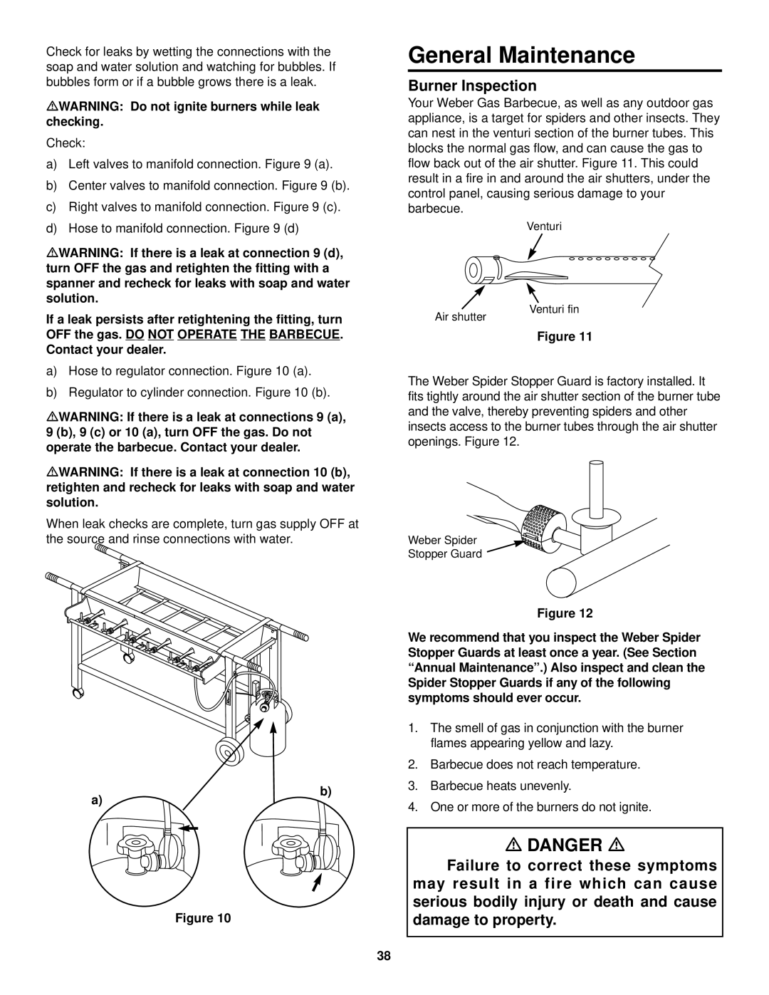 Weber FT 600 owner manual General Maintenance, MWARNING Do not ignite burners while leak checking 