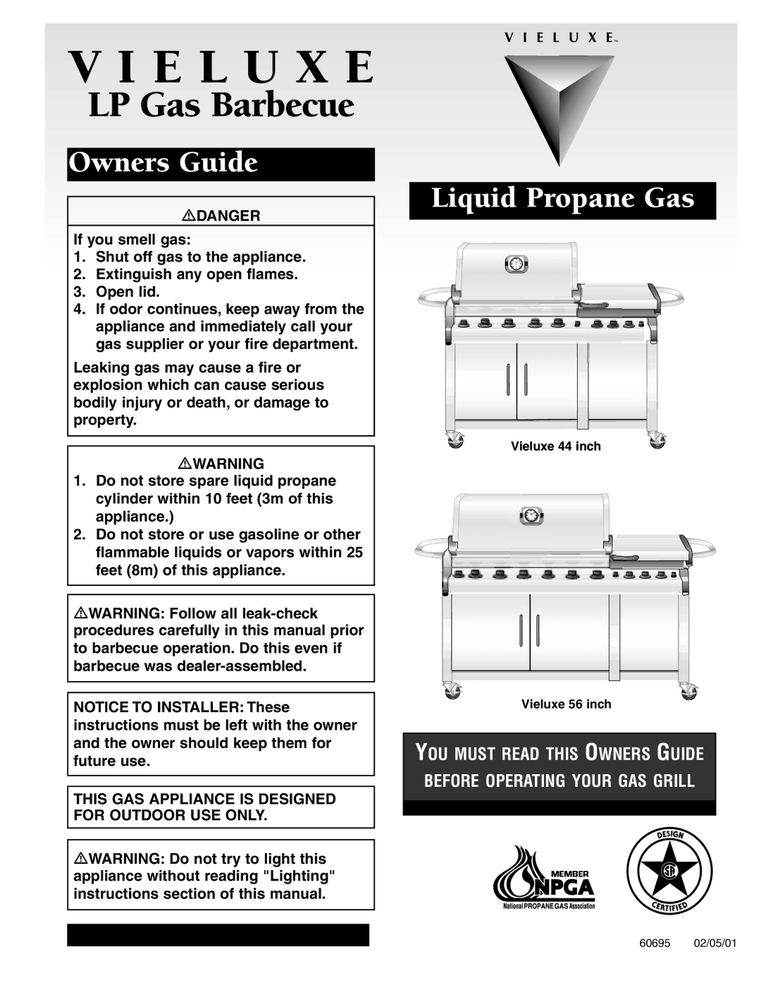 Weber Gas Burner manual This GAS Appliance is Designed for Outdoor USE only, Vieluxe 44 inch Vieluxe 56 inch 