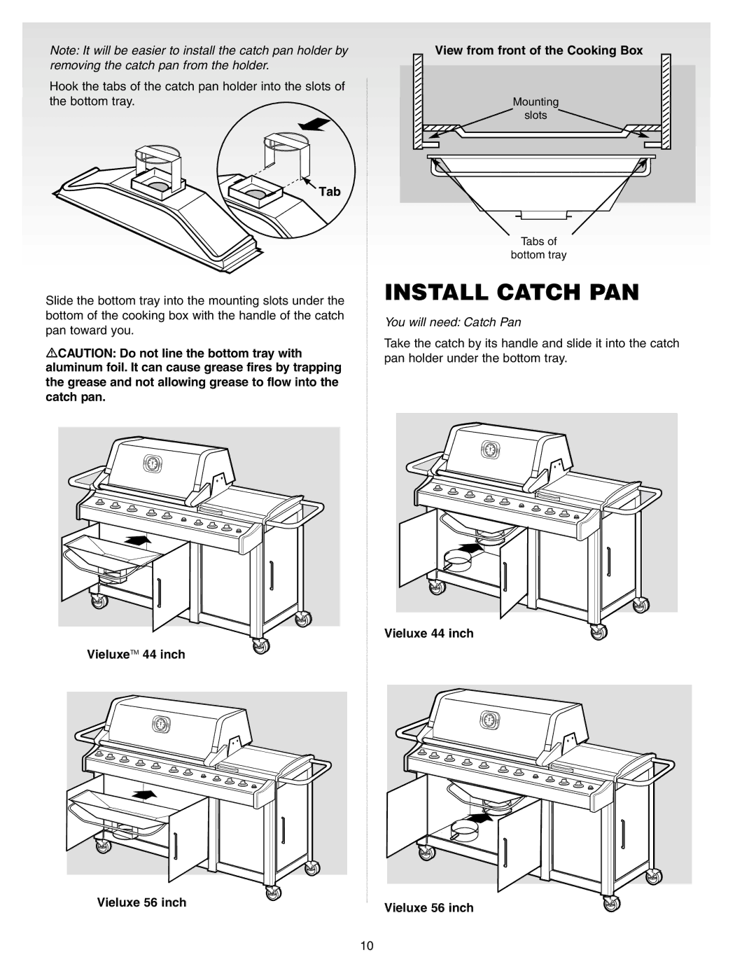 Weber Gas Burner manual Install Catch PAN, View from front of the Cooking Box, VieluxeTM 44 inch Vieluxe 56 inch 