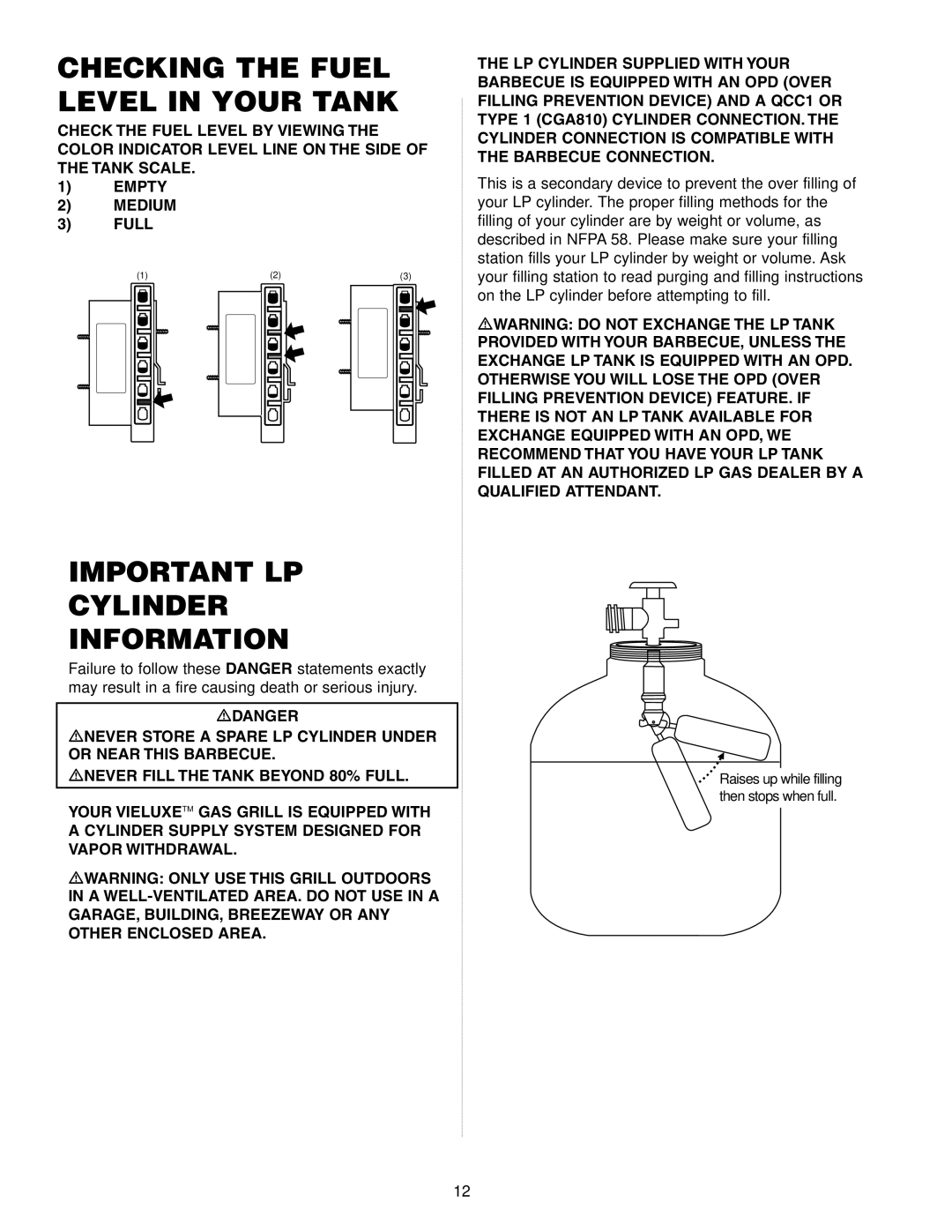 Weber Gas Burner manual Checking the Fuel Level in Your Tank, Important LP Cylinder Information 