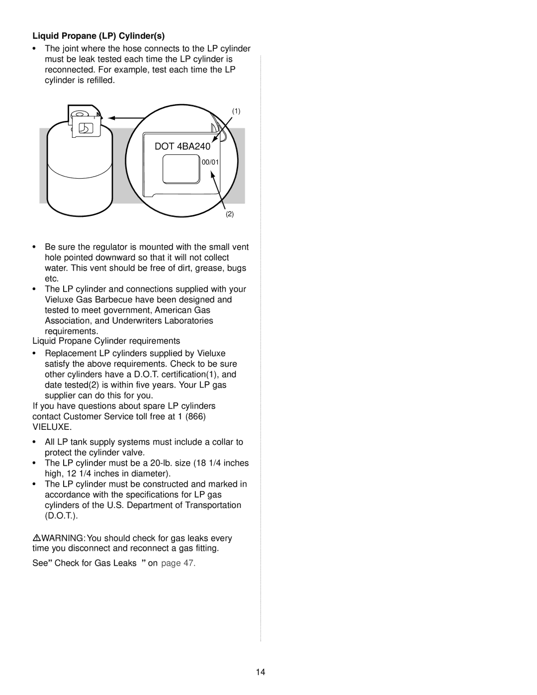 Weber Gas Burner manual Liquid Propane LP Cylinders, Liquid Propane Cylinder requirements, See Check for Gas Leaks on 