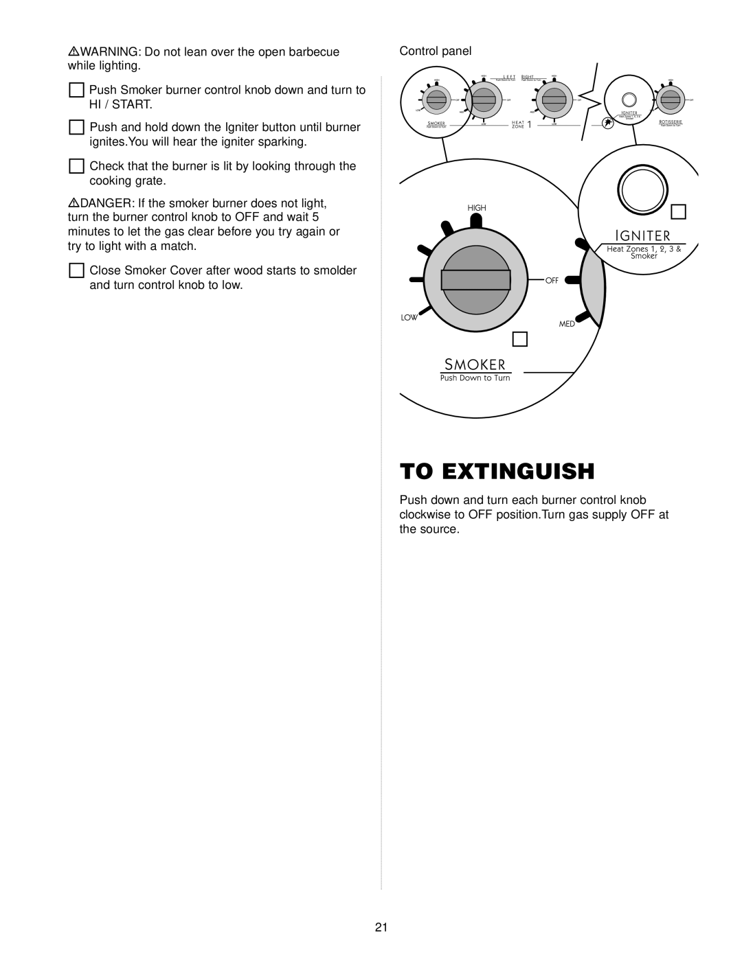 Weber Gas Burner manual To Extinguish, Control panel 