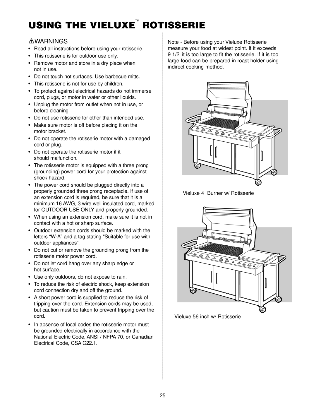 Weber Gas Burner manual Using the Vieluxe Rotisserie, Vieluxe 4 Burner w/ Rotisserie Vieluxe 56 inch w/ Rotisserie 