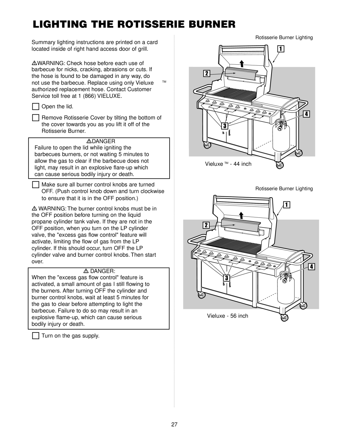 Weber Gas Burner manual Lighting the Rotisserie Burner, VieluxeTM 44 inch 