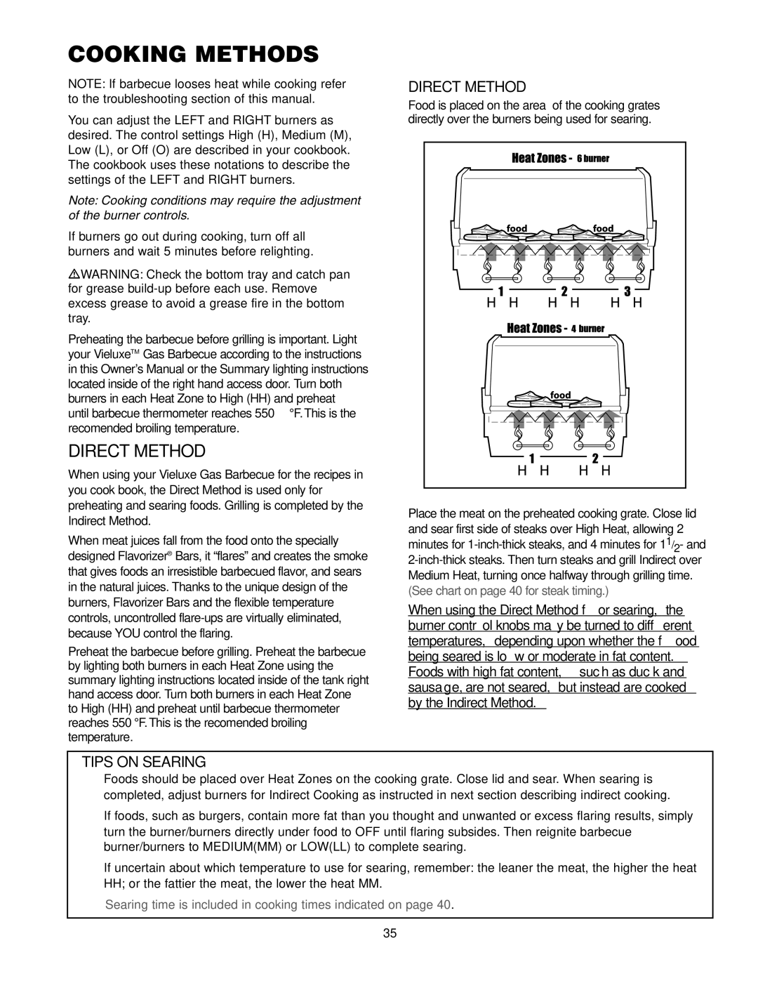 Weber Gas Burner manual Cooking Methods, Direct Method, Tips on Searing 