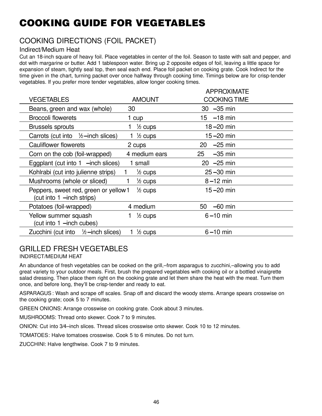 Weber Gas Burner manual Cooking Guide for Vegetables, Cooking Directions Foil Packet, Grilled Fresh Vegetables 