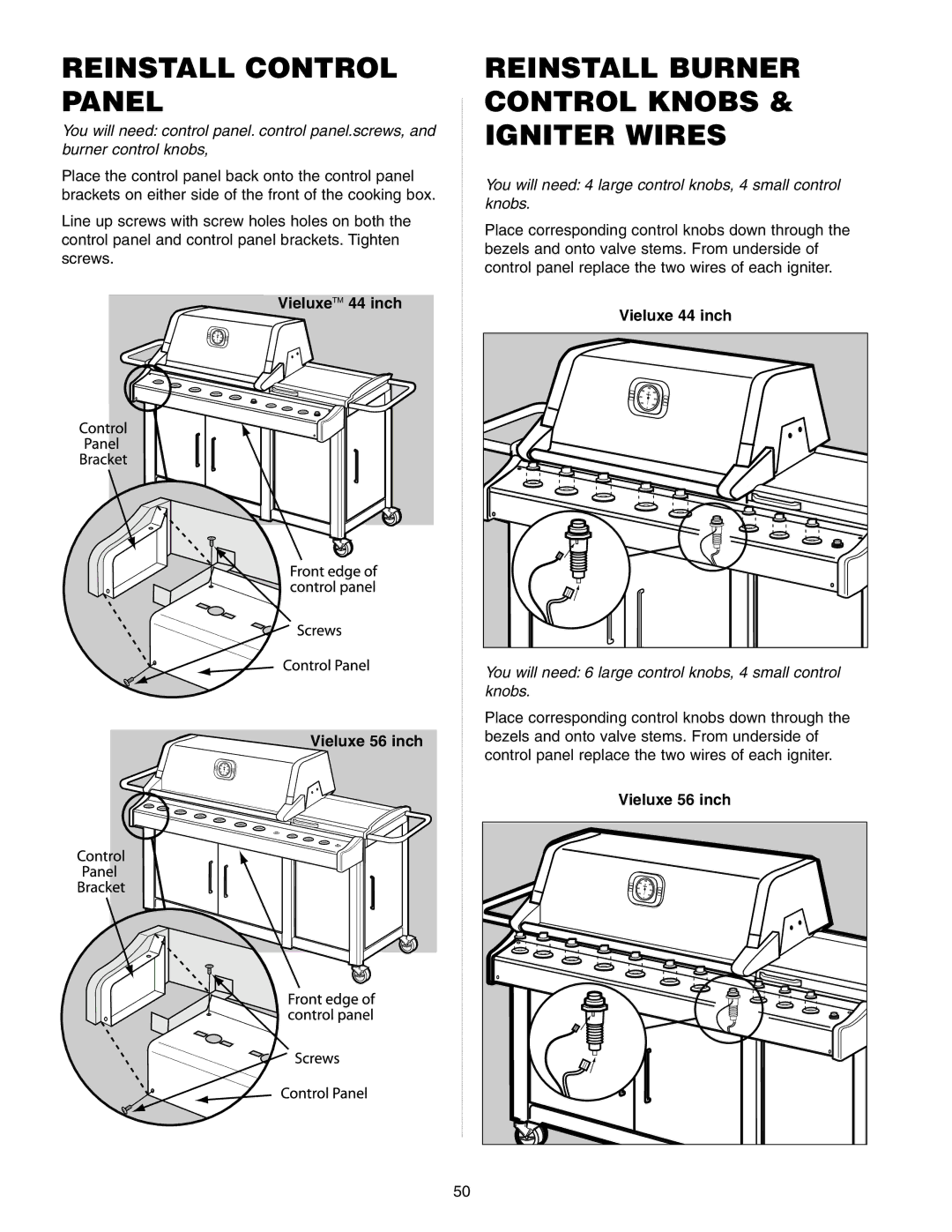 Weber Gas Burner manual Reinstall Control Panel, Reinstall Burner Control Knobs & Igniter Wires 