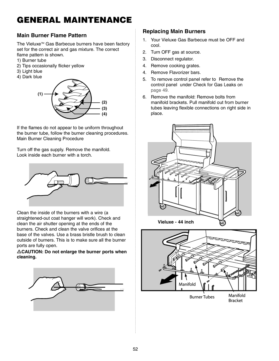 Weber Gas Burner manual Main Burner Flame Pattern, Replacing Main Burners 