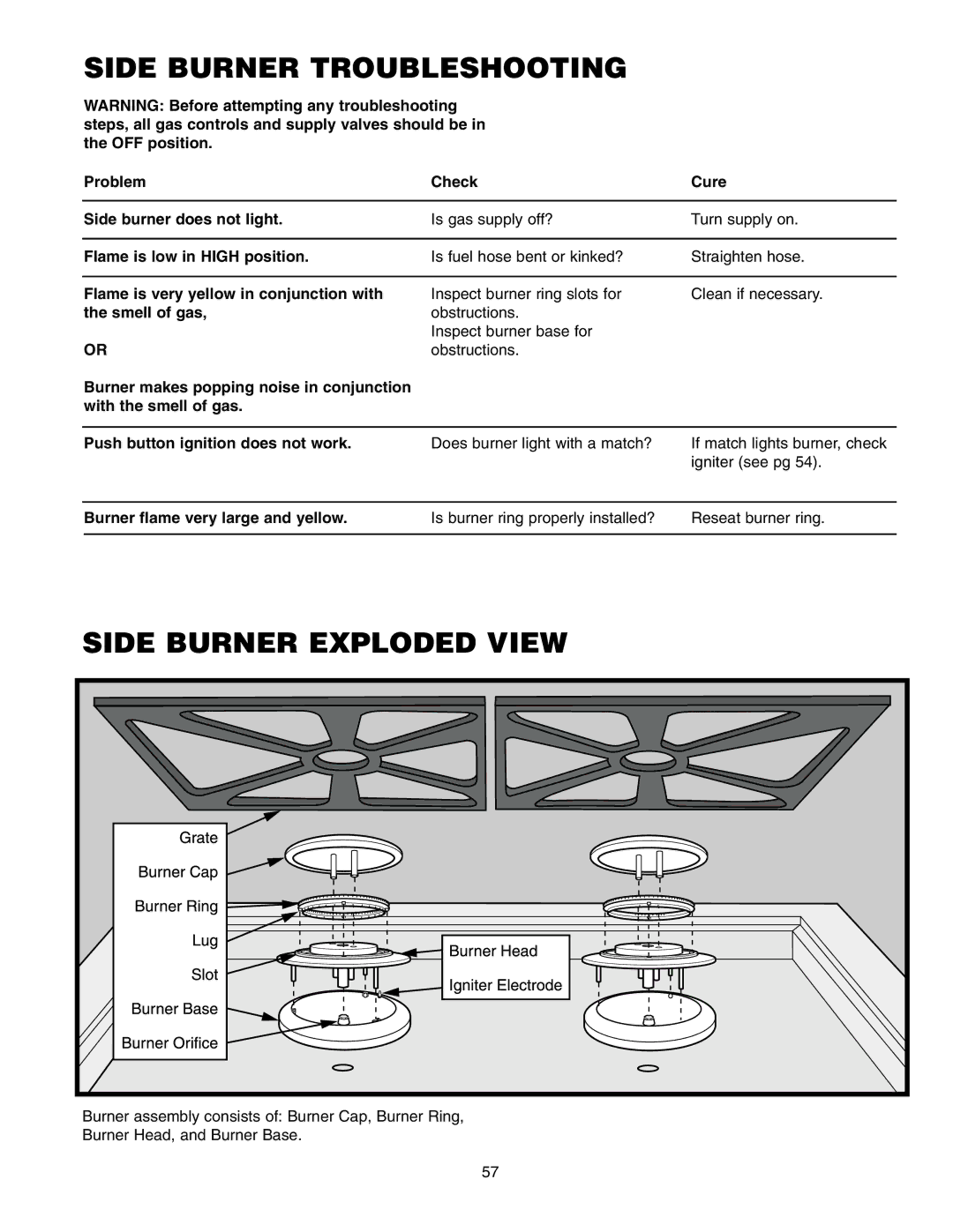 Weber Gas Burner manual Side Burner Troubleshooting, Side Burner Exploded View, Burner flame very large and yellow 