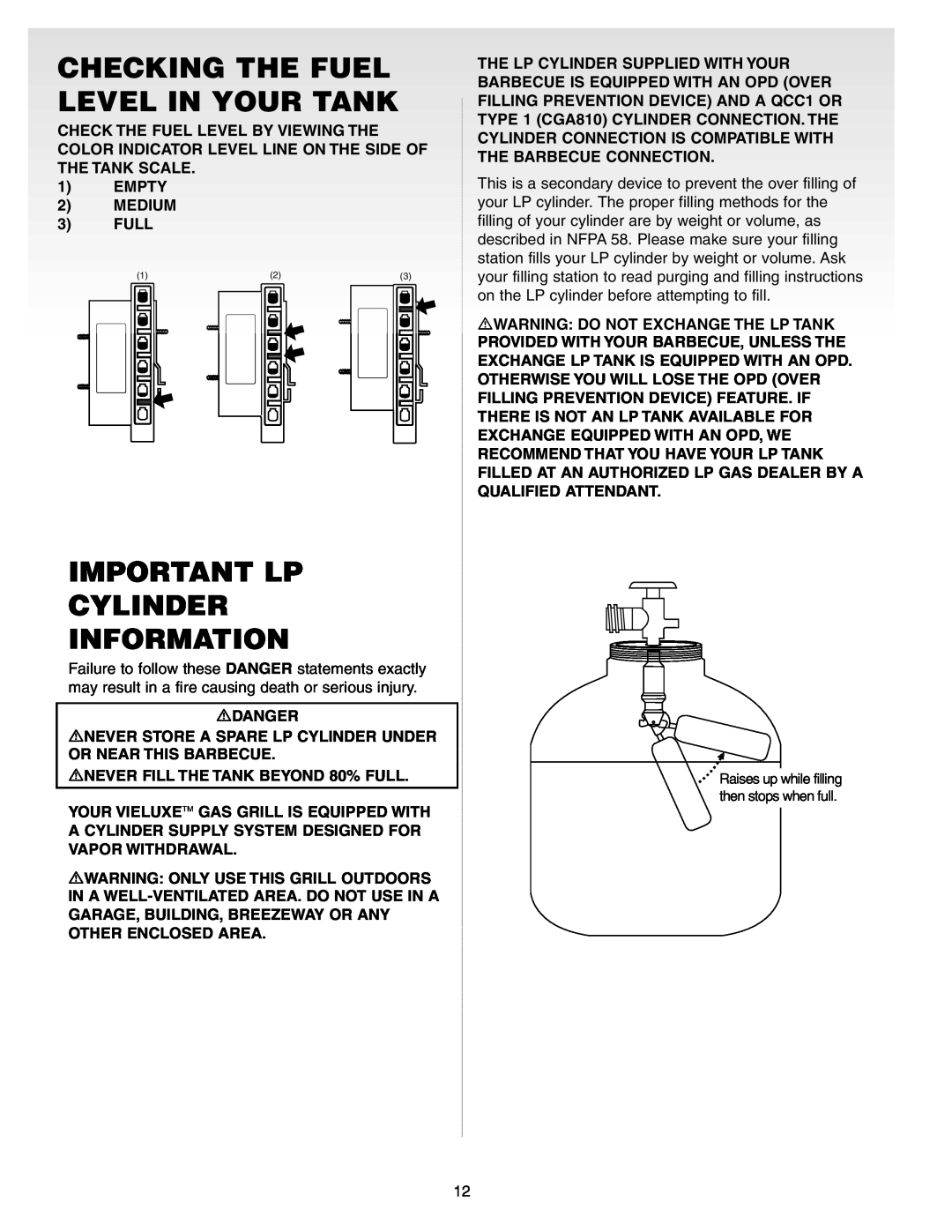 Weber Gas Burner manual Checking The Fuel Level In Your Tank, Important Lp Cylinder Information 
