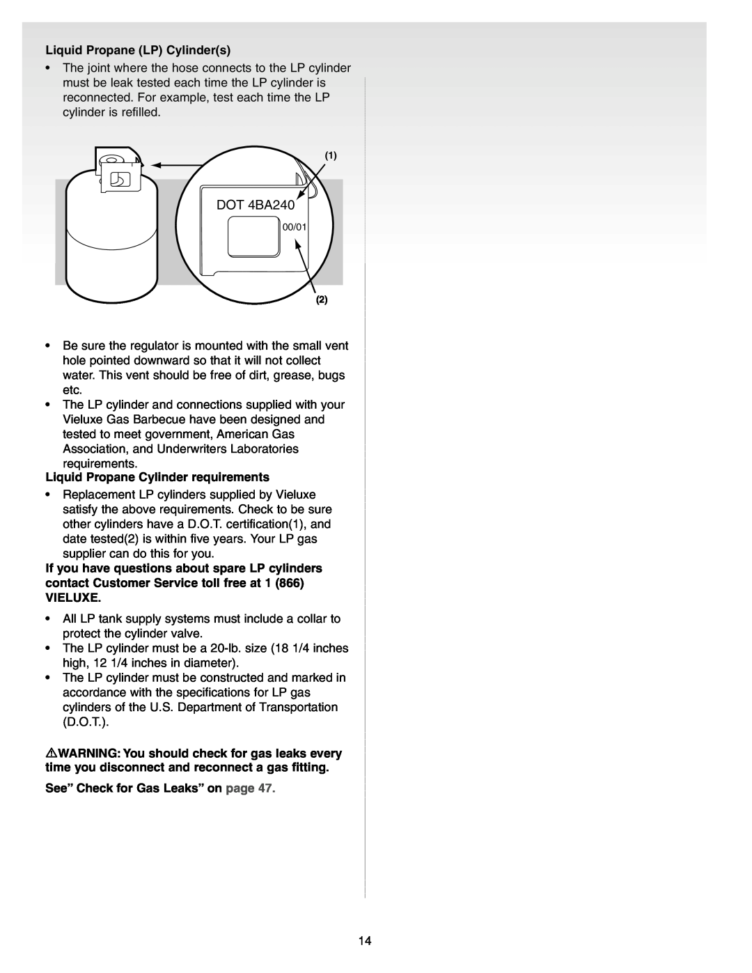 Weber Gas Burner manual DOT 4BA240, Liquid Propane LP Cylinders, Liquid Propane Cylinder requirements, Vieluxe 