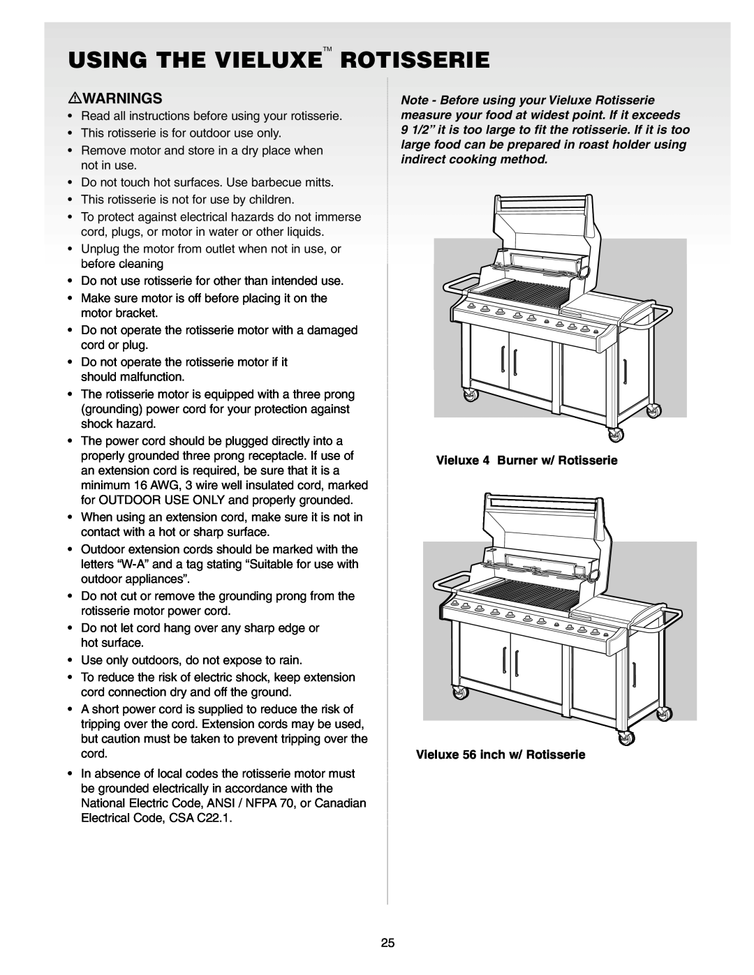 Weber Gas Burner manual Using The Vieluxe Rotisserie, Warnings 