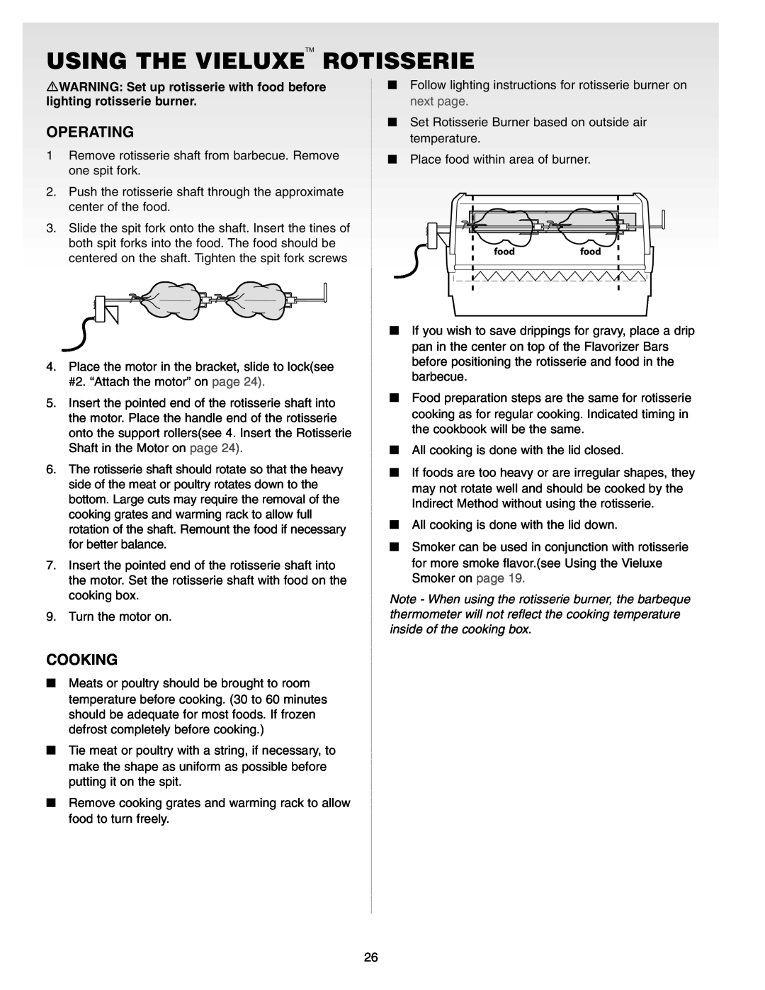 Weber Gas Burner manual Using The Vieluxe Rotisserie, Operating, Cooking 