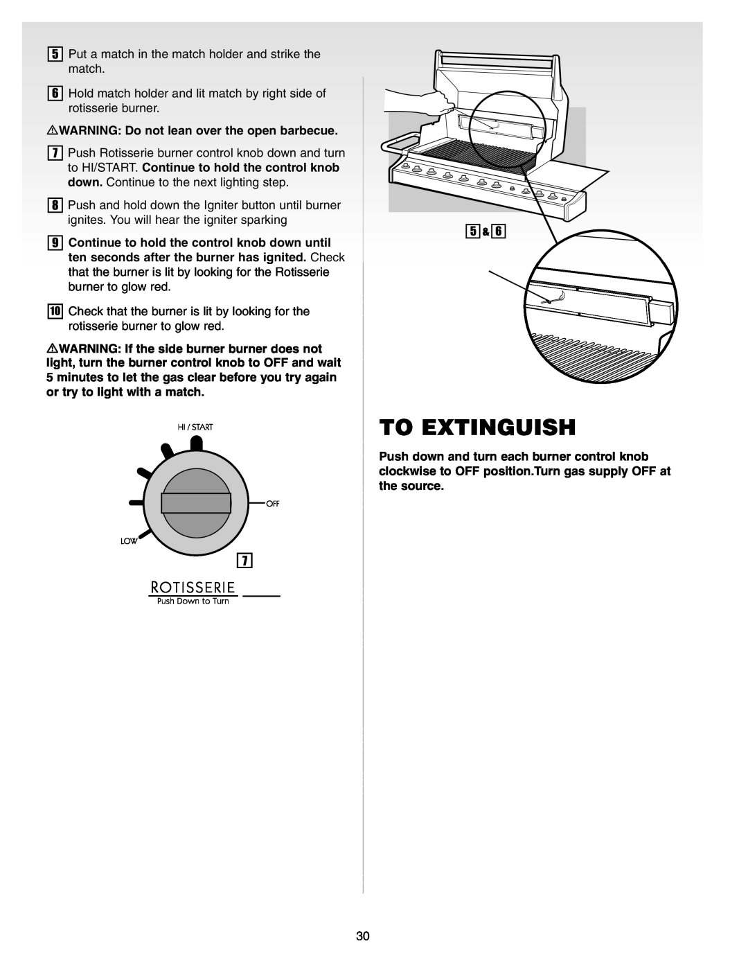 Weber Gas Burner manual To Extinguish, WARNING Do not lean over the open barbecue 