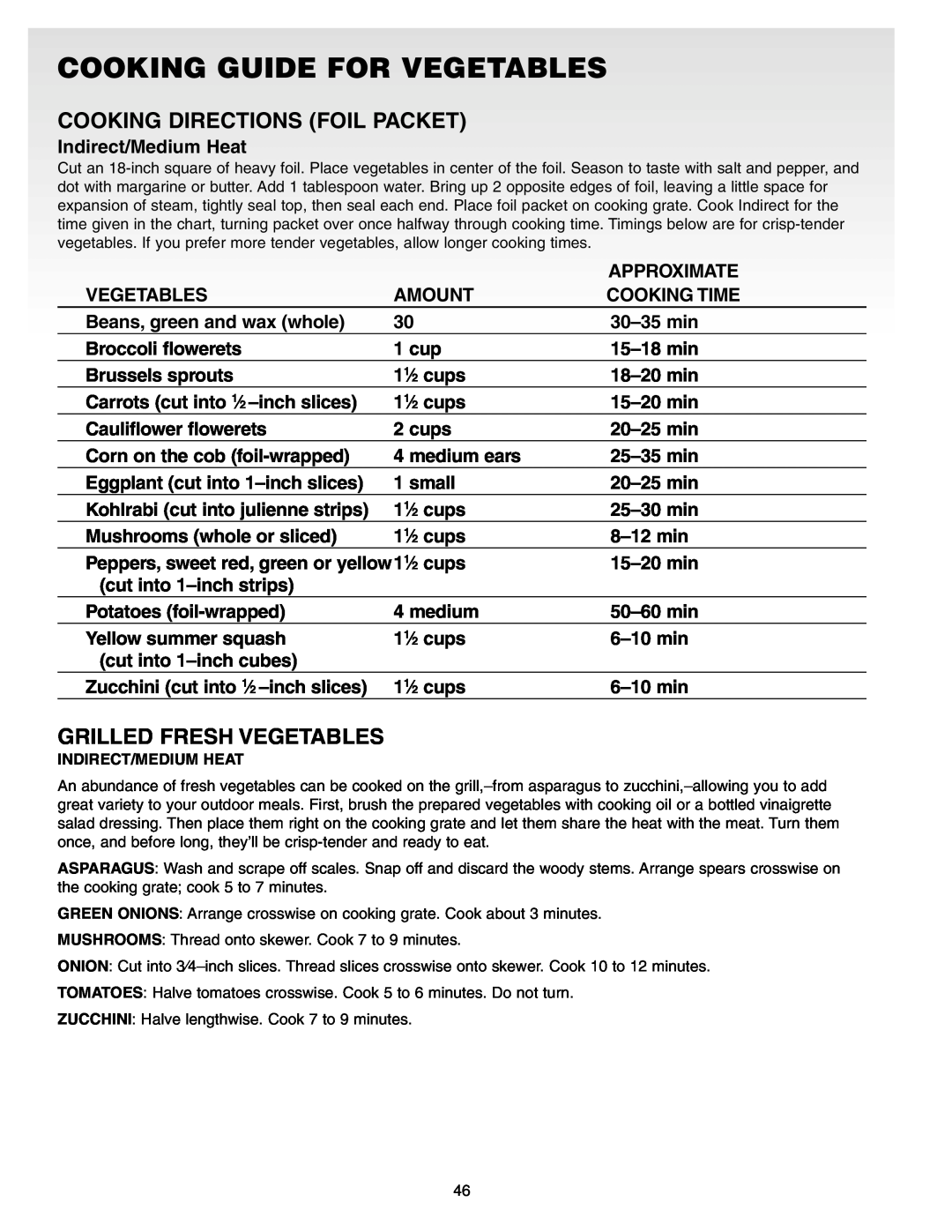 Weber Gas Burner manual Cooking Guide For Vegetables, Cooking Directions Foil Packet, Grilled Fresh Vegetables 