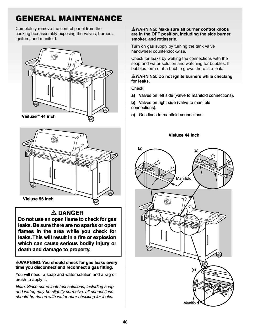 Weber Gas Burner manual General Maintenance, Danger, VieluxeTM 44 inch Vieluxe 56 inch 