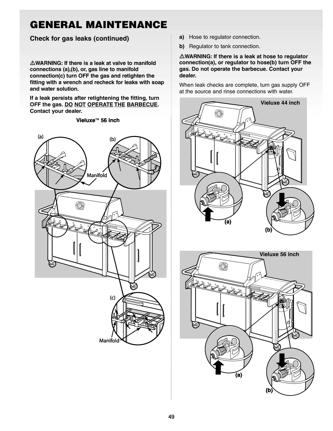 Weber Gas Burner manual General Maintenance, Check for gas leaks continued 