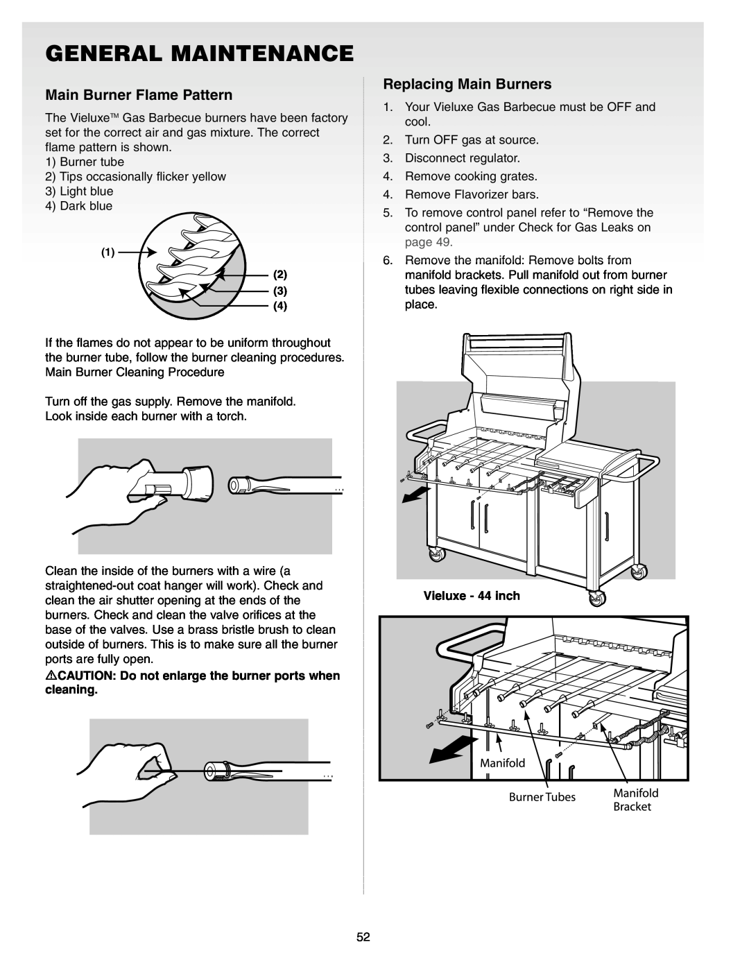 Weber Gas Burner manual General Maintenance, Main Burner Flame Pattern, Replacing Main Burners, Vieluxe - 44 inch 