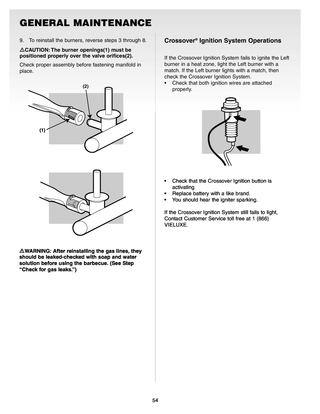 Weber Gas Burner manual General Maintenance, Crossover Ignition System Operations 