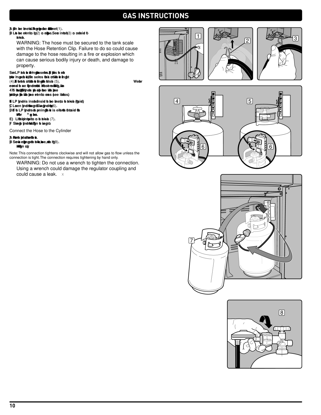 Weber 330, GAS GRILL LP Gas Grill, 54406 manual GAS INSTRUcTIoNS, Connect the Hose to the Cylinder 